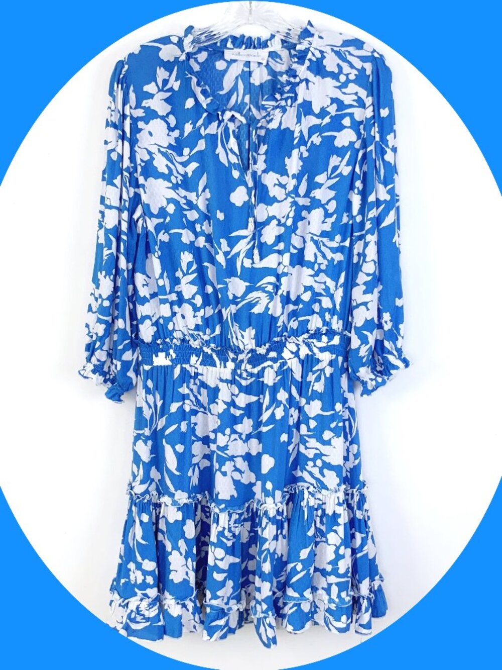 Walker and Wade Ibiza Romantic Floral Mini Dress In Cornflower Blue Sz M